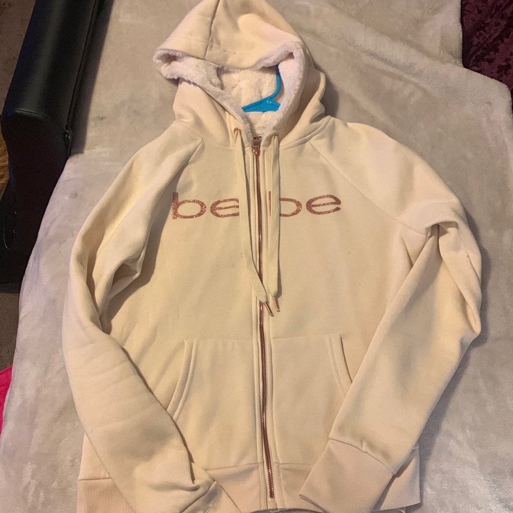 Bebe white zip up with fluffy hood